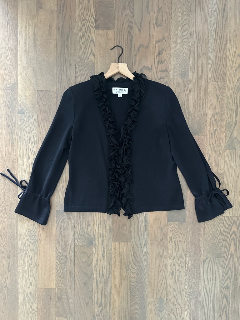 Vintage St. John Ruffle Flutter Sleeve Wool Knit Tie Front Jacket Black 6 / S
